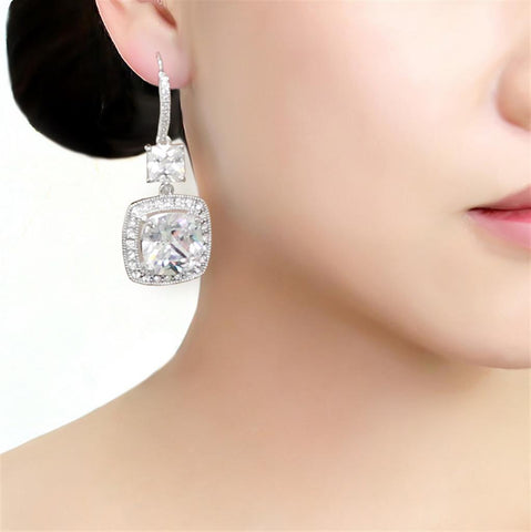 3W1477 - Rhodium Brass Earrings with AAA Grade CZ  in Clear