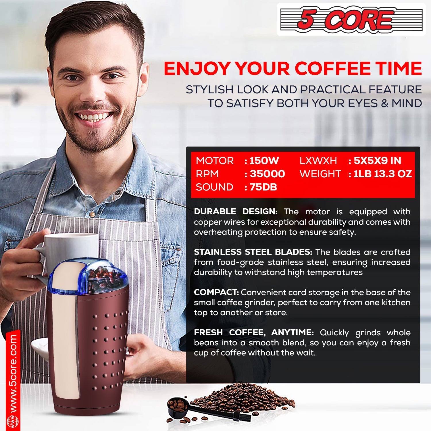 5 Core Coffee Grinder 85 Gram Capacity 150W Electric Bean Spice