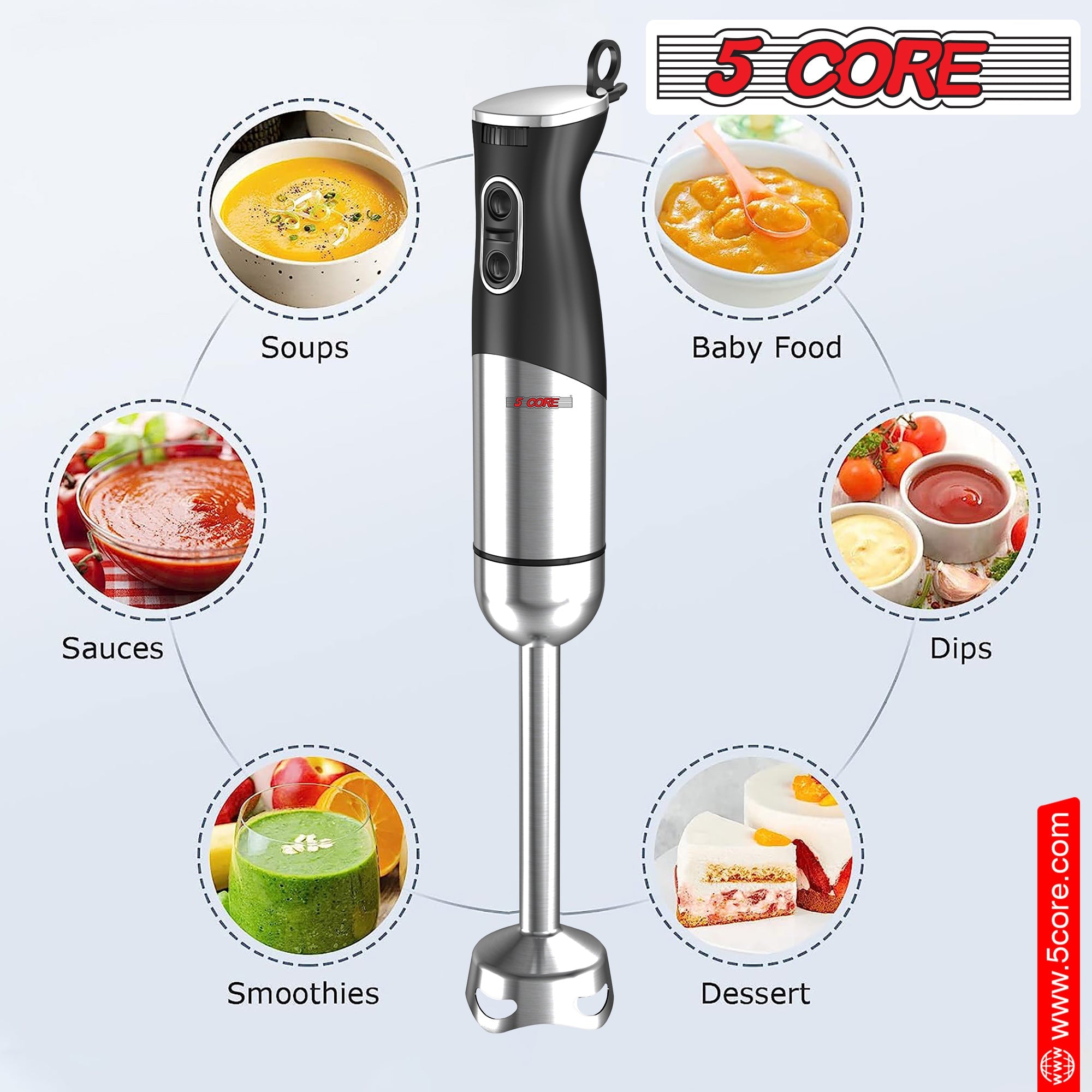 5 Core Immersion Hand Blender 400/500W Electric Hand Mixer Whisk w 2