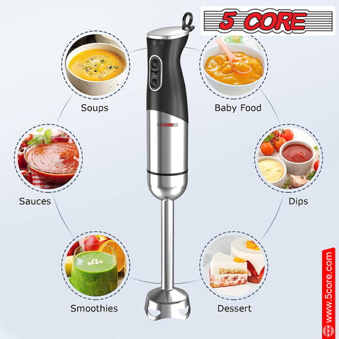 5 Core Immersion Hand Blender 400/500W Electric Hand Mixer Whisk w 2