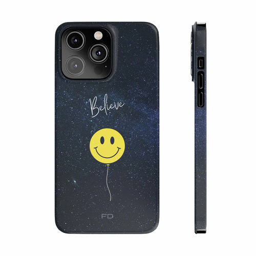 Smiley Face in Space Believe Slim Case for iPhone 14 Series