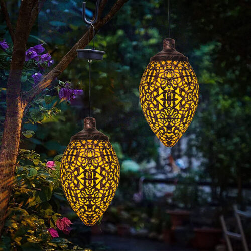 2Pcs Solar LED Hanging Lantern Lights Metal Garden Patio Decor Lights