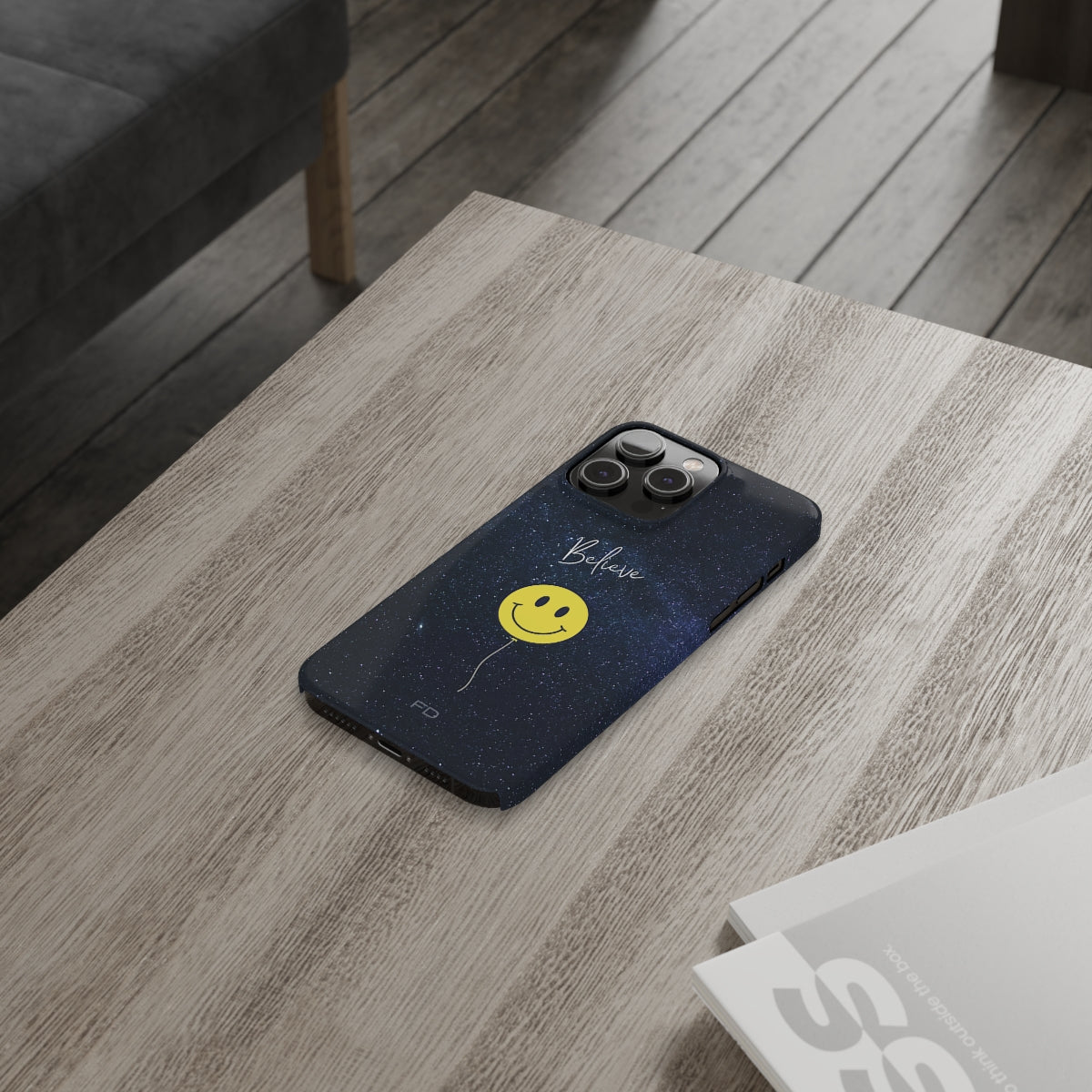 Smiley Face in Space Believe Slim Case for iPhone 14 Series