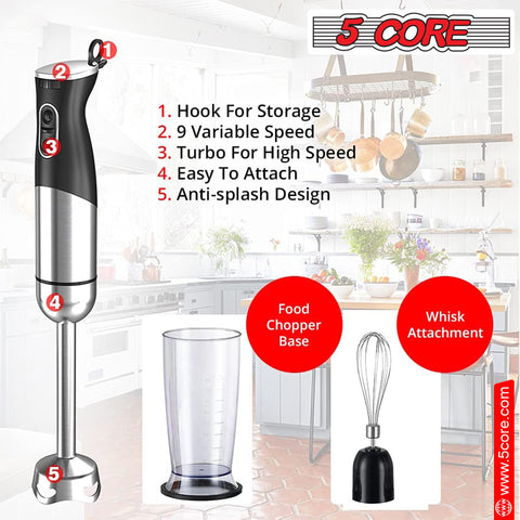 5 Core Immersion Hand Blender 400/500W Electric Hand Mixer Whisk w 2