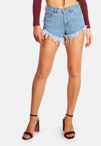 Destroyed Hem Rhinestone Patch Denim Shorts