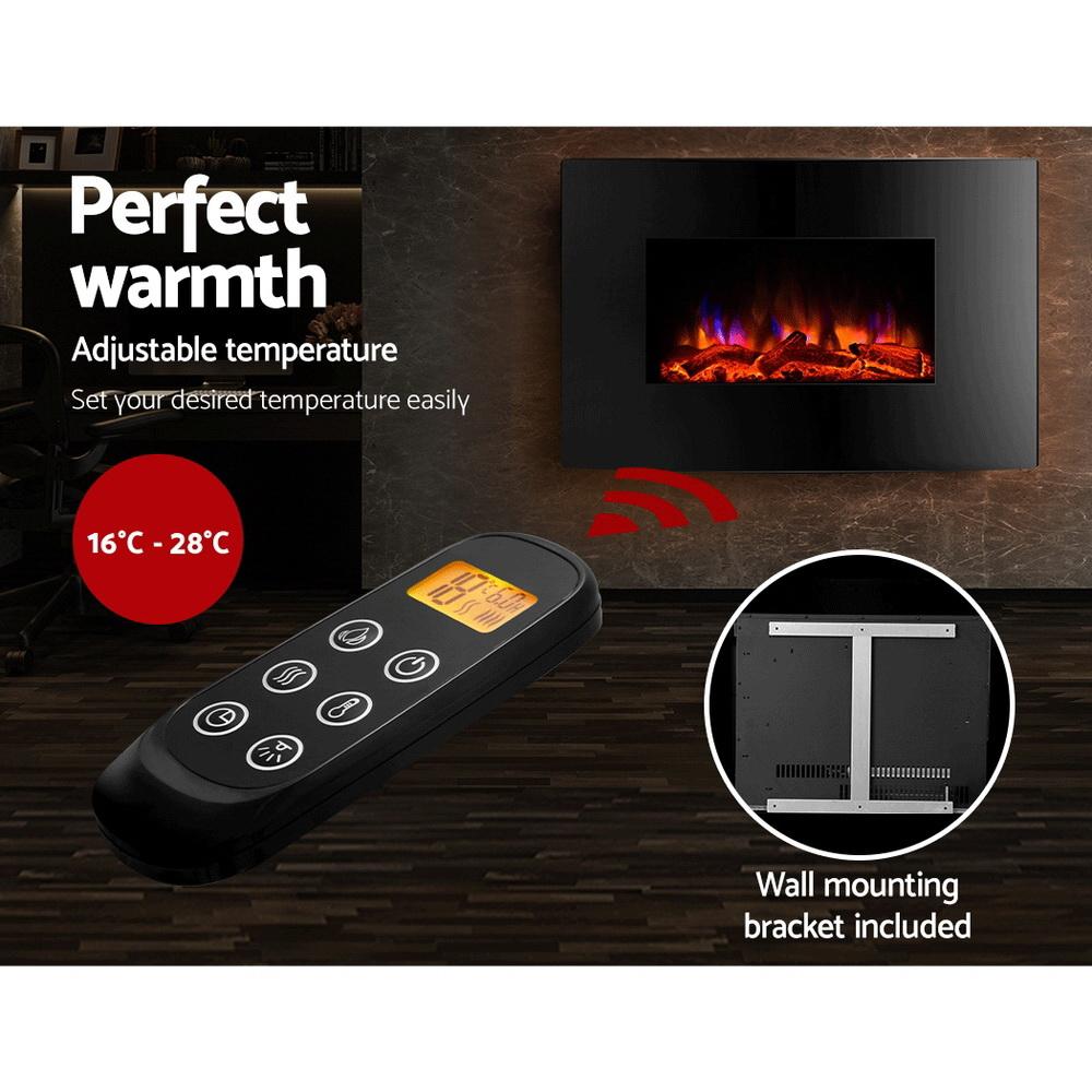 Devanti 2000W Wall Mounted Electric Fireplace Fire Log Wood Heater