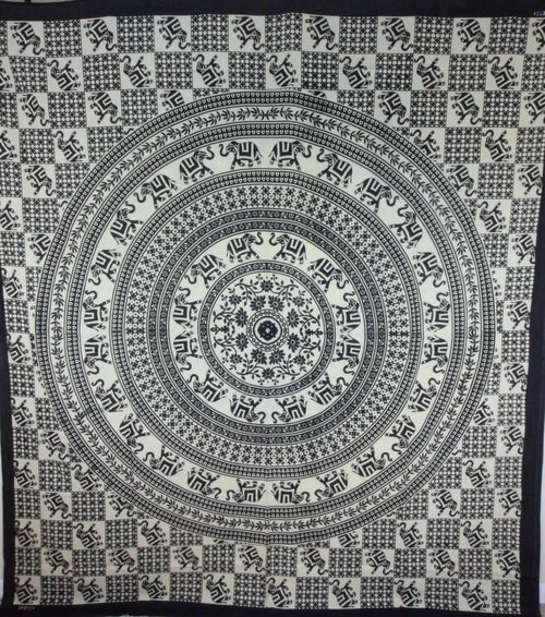 Checkerboard Floral & Elephant Mandala Tapestry