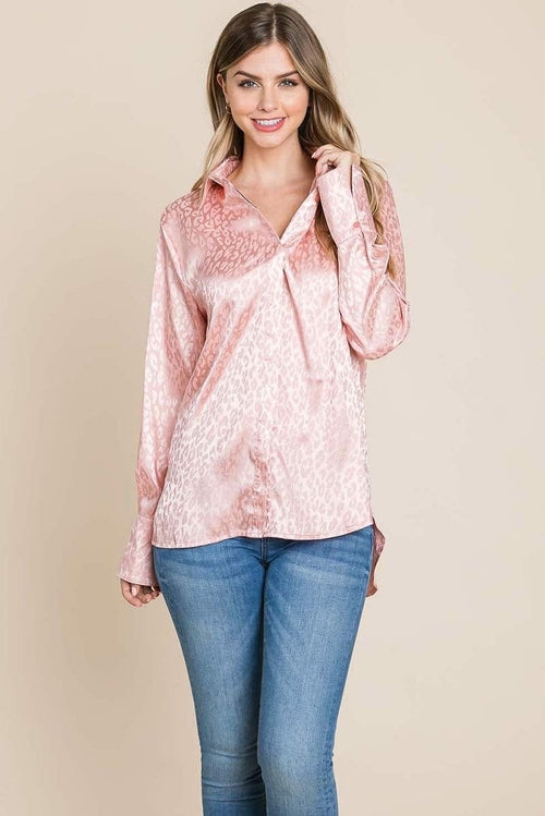 Casual Animal Print Satin Button up Shirts Blouse