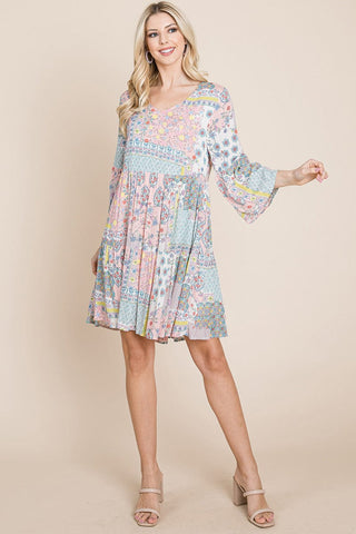 3/4 Sleeve Pleated Floral Flowy Boho swing dresses