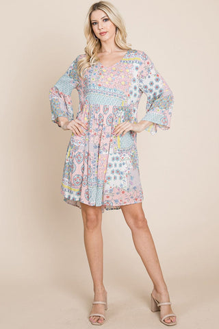 3/4 Sleeve Pleated Floral Flowy Boho swing dresses