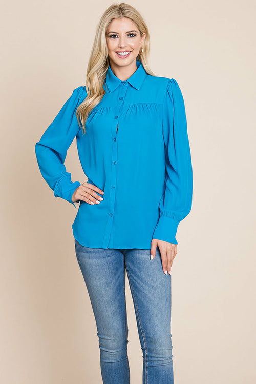 Collared Long Sleeve Pleated Detail Blouse Tops