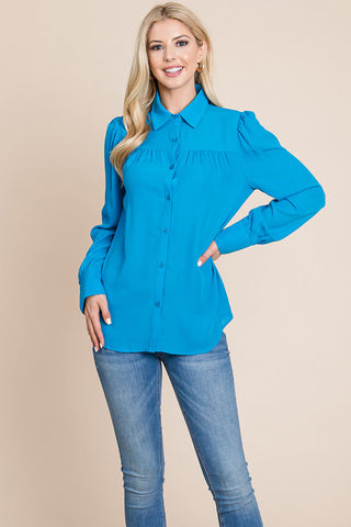 Collared Long Sleeve Pleated Detail Blouse Tops