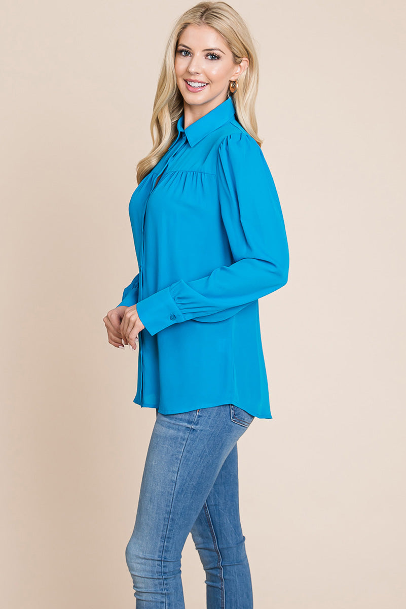 Collared Long Sleeve Pleated Detail Blouse Tops