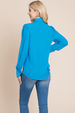 Collared Long Sleeve Pleated Detail Blouse Tops