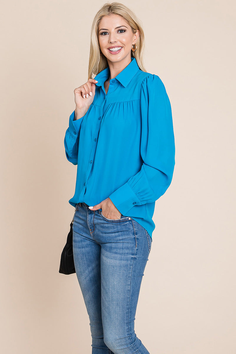 Collared Long Sleeve Pleated Detail Blouse Tops