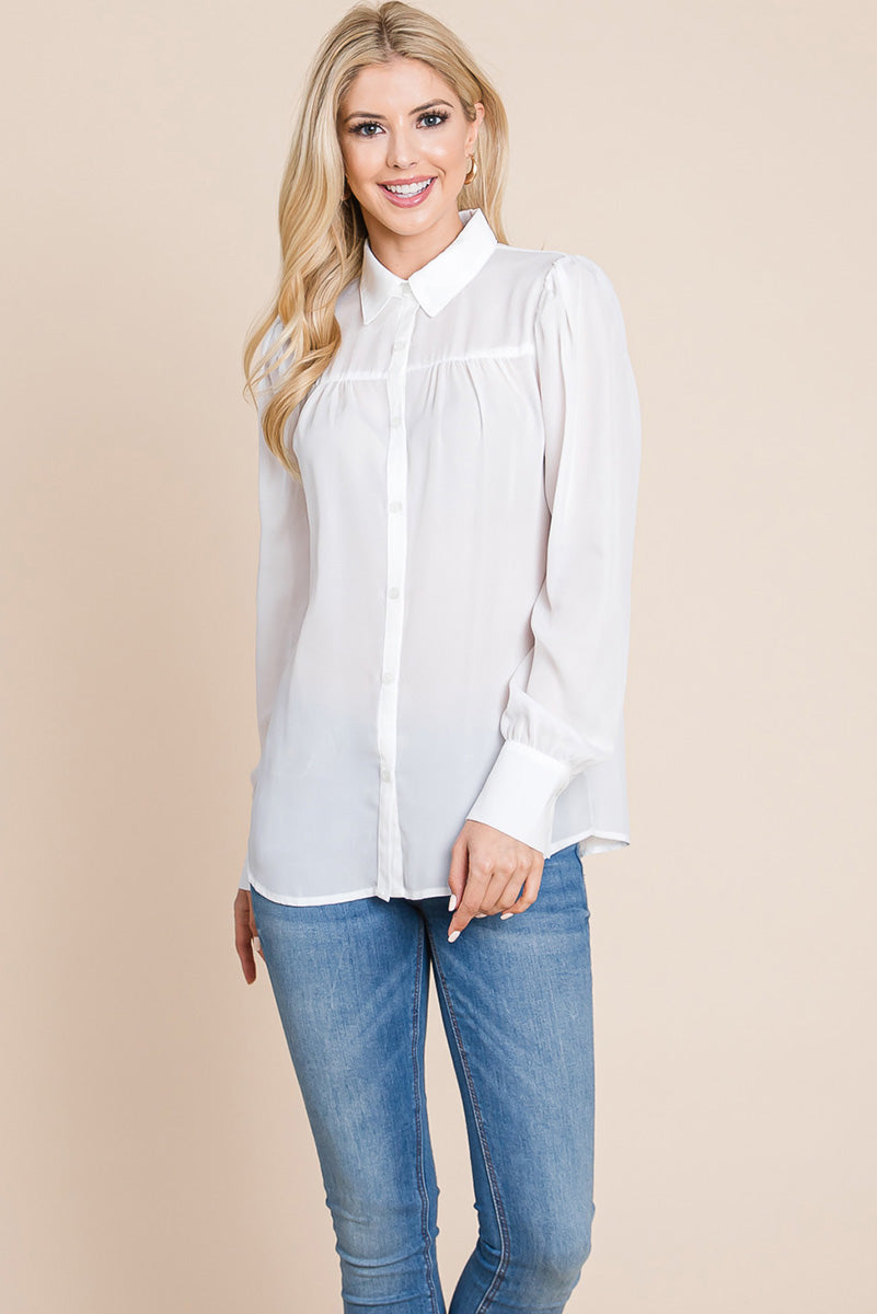 Collared Long Sleeve Pleated Detail Blouse Tops