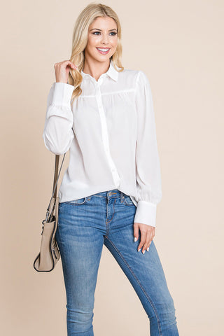 Collared Long Sleeve Pleated Detail Blouse Tops