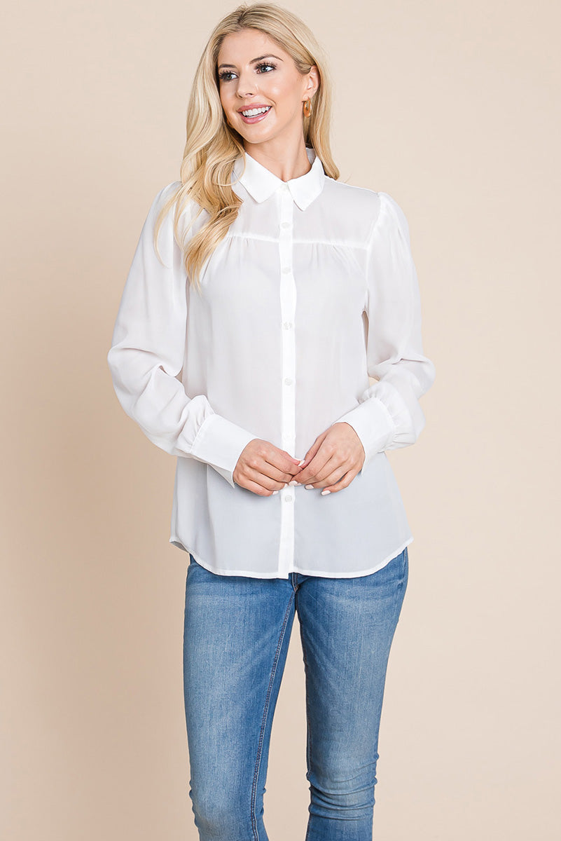 Collared Long Sleeve Pleated Detail Blouse Tops