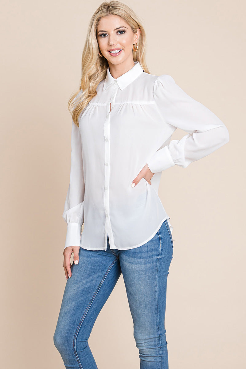 Collared Long Sleeve Pleated Detail Blouse Tops