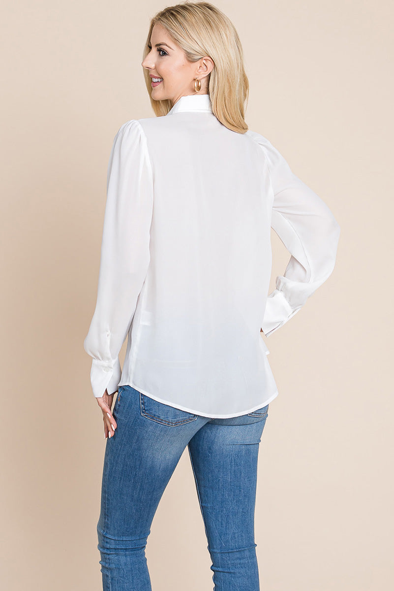 Collared Long Sleeve Pleated Detail Blouse Tops