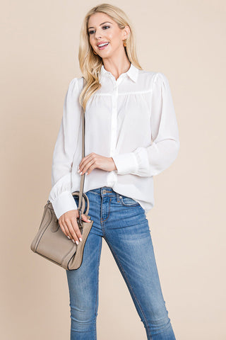 Collared Long Sleeve Pleated Detail Blouse Tops