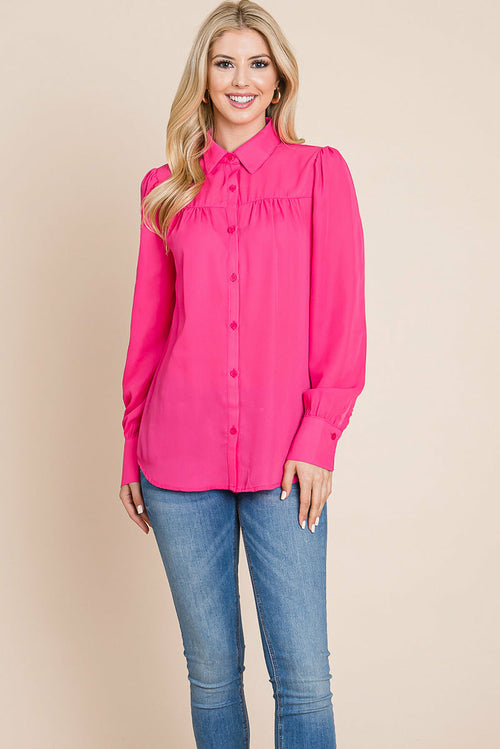 Collared Long Sleeve Pleated Detail Blouse Tops