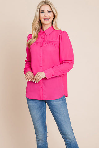 Collared Long Sleeve Pleated Detail Blouse Tops