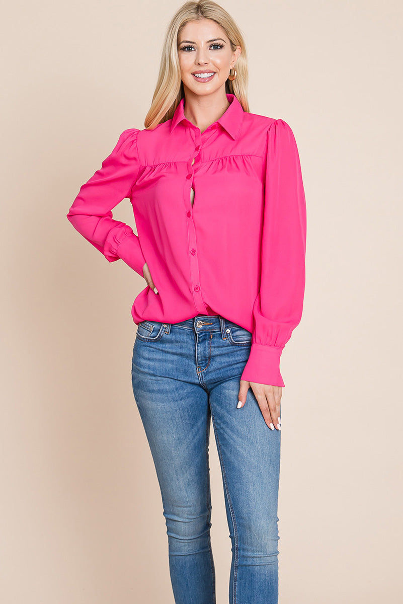 Collared Long Sleeve Pleated Detail Blouse Tops