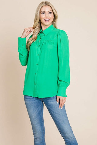 Collared Long Sleeve Pleated Detail Blouse Tops