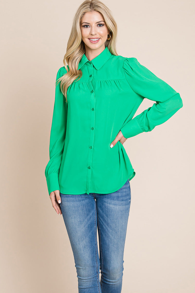 Collared Long Sleeve Pleated Detail Blouse Tops