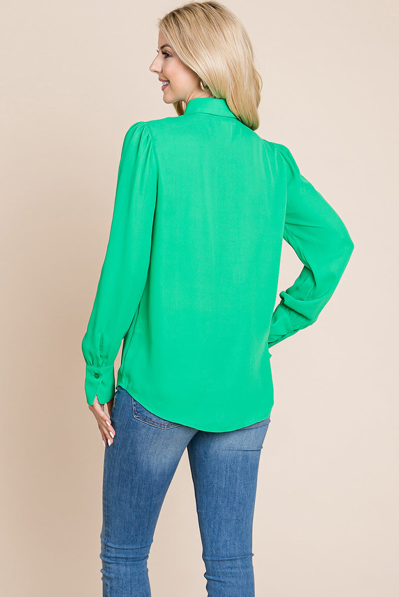 Collared Long Sleeve Pleated Detail Blouse Tops