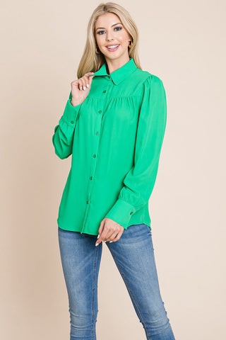 Collared Long Sleeve Pleated Detail Blouse Tops