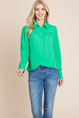 Collared Long Sleeve Pleated Detail Blouse Tops