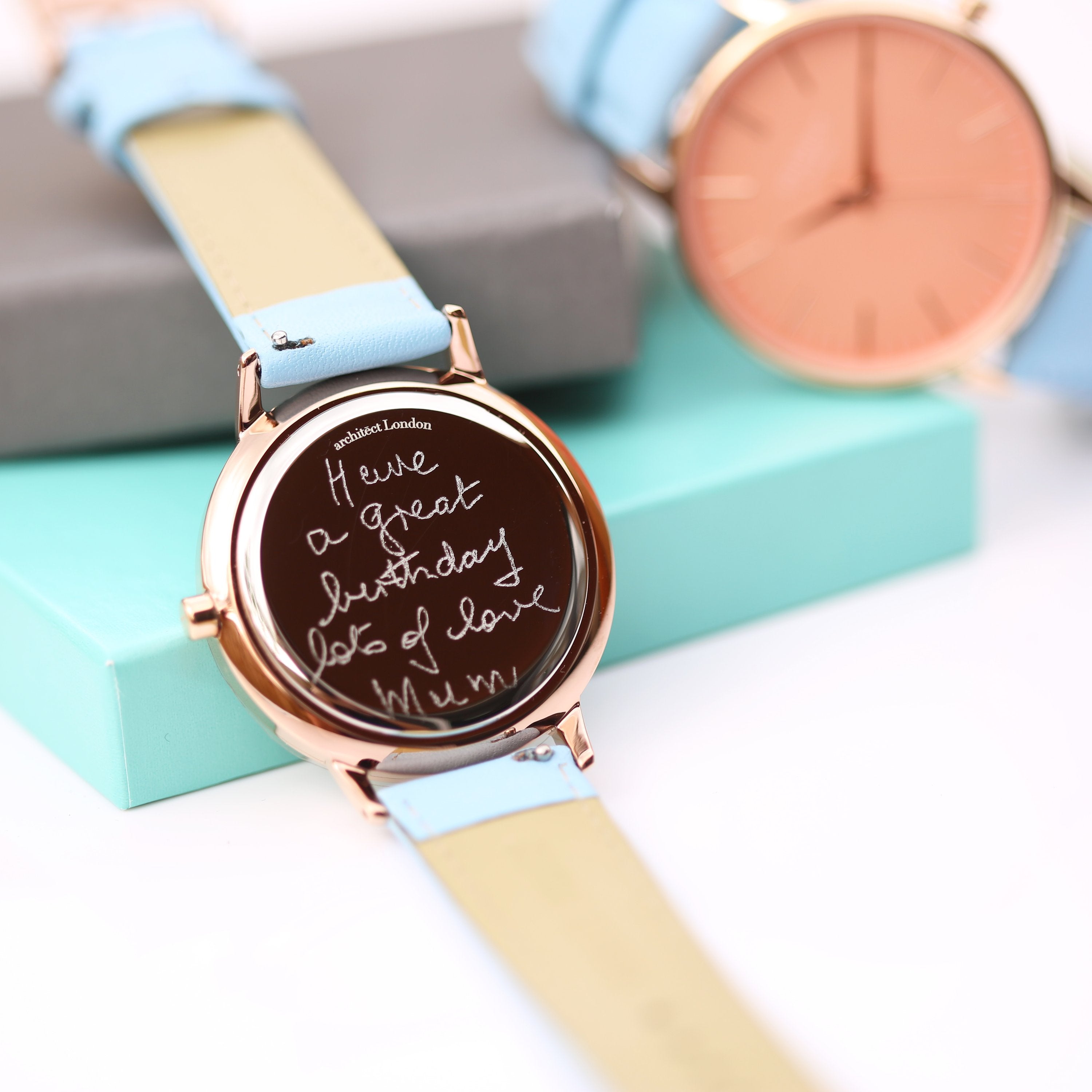 Ladies Architēct Coral - Handwriting Engraving + Light Blue Strap