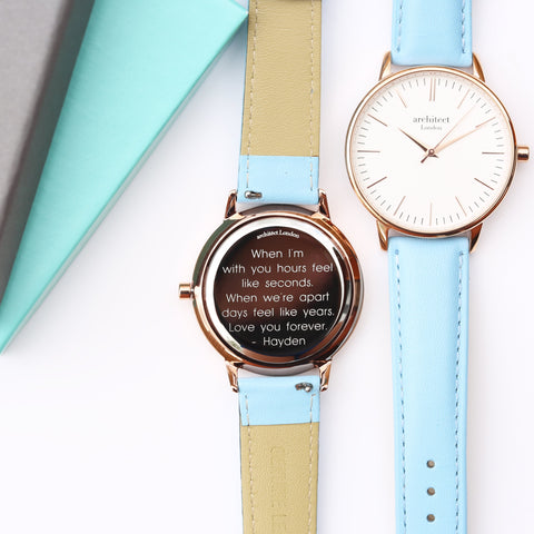 Ladies Architēct Blanc - Modern Font Engraving + Light Blue Strap