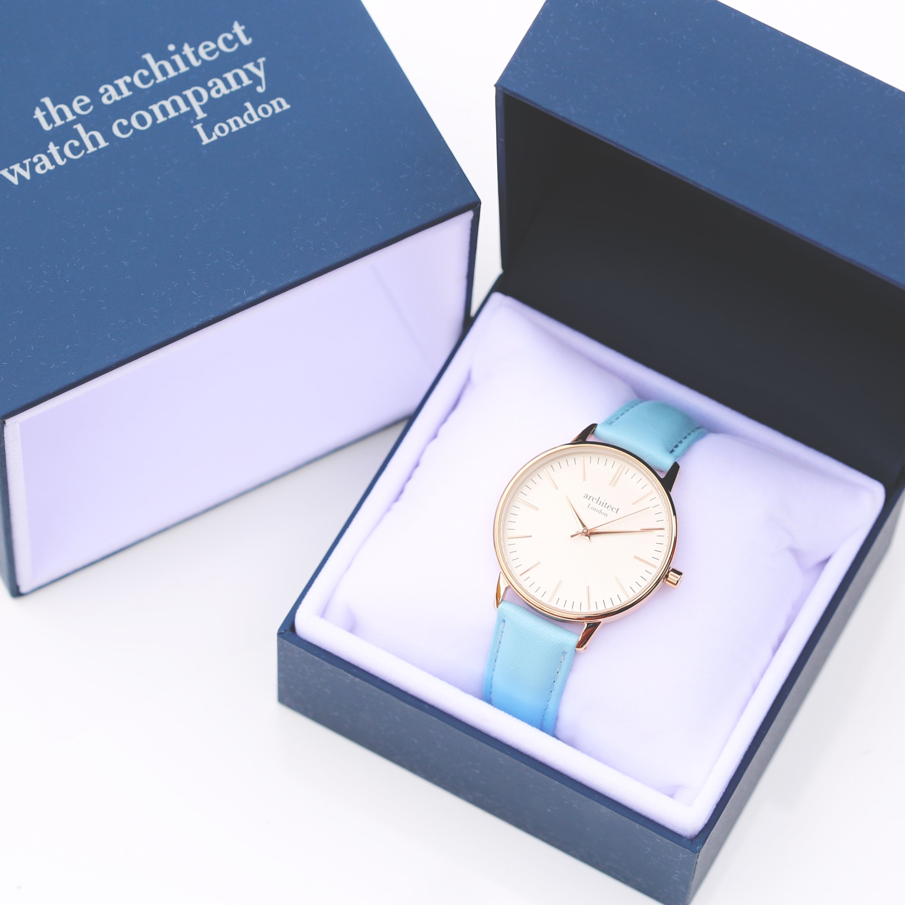 Ladies Architēct Blanc - Modern Font Engraving + Light Blue Strap