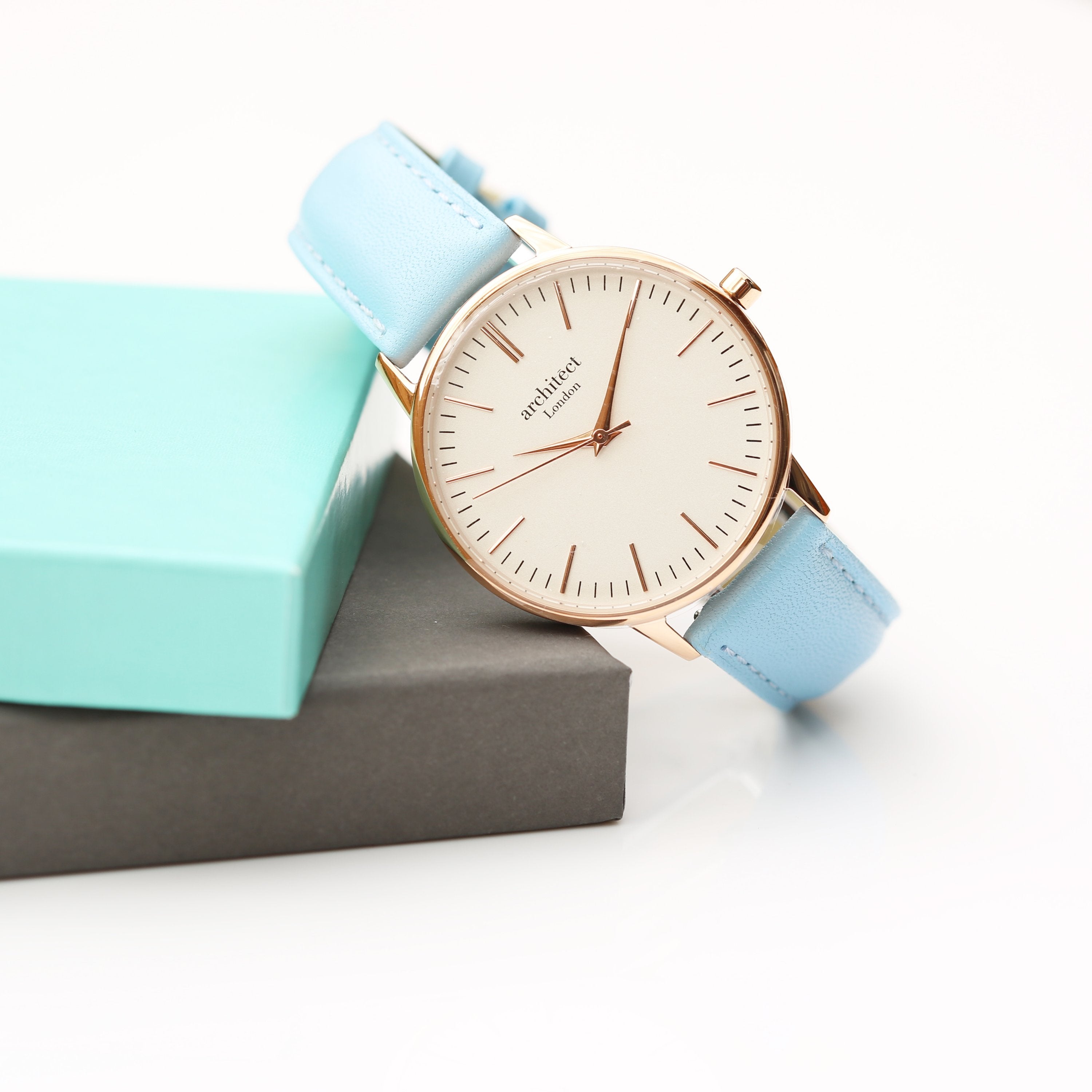 Ladies Architēct Blanc - Modern Font Engraving + Light Blue Strap