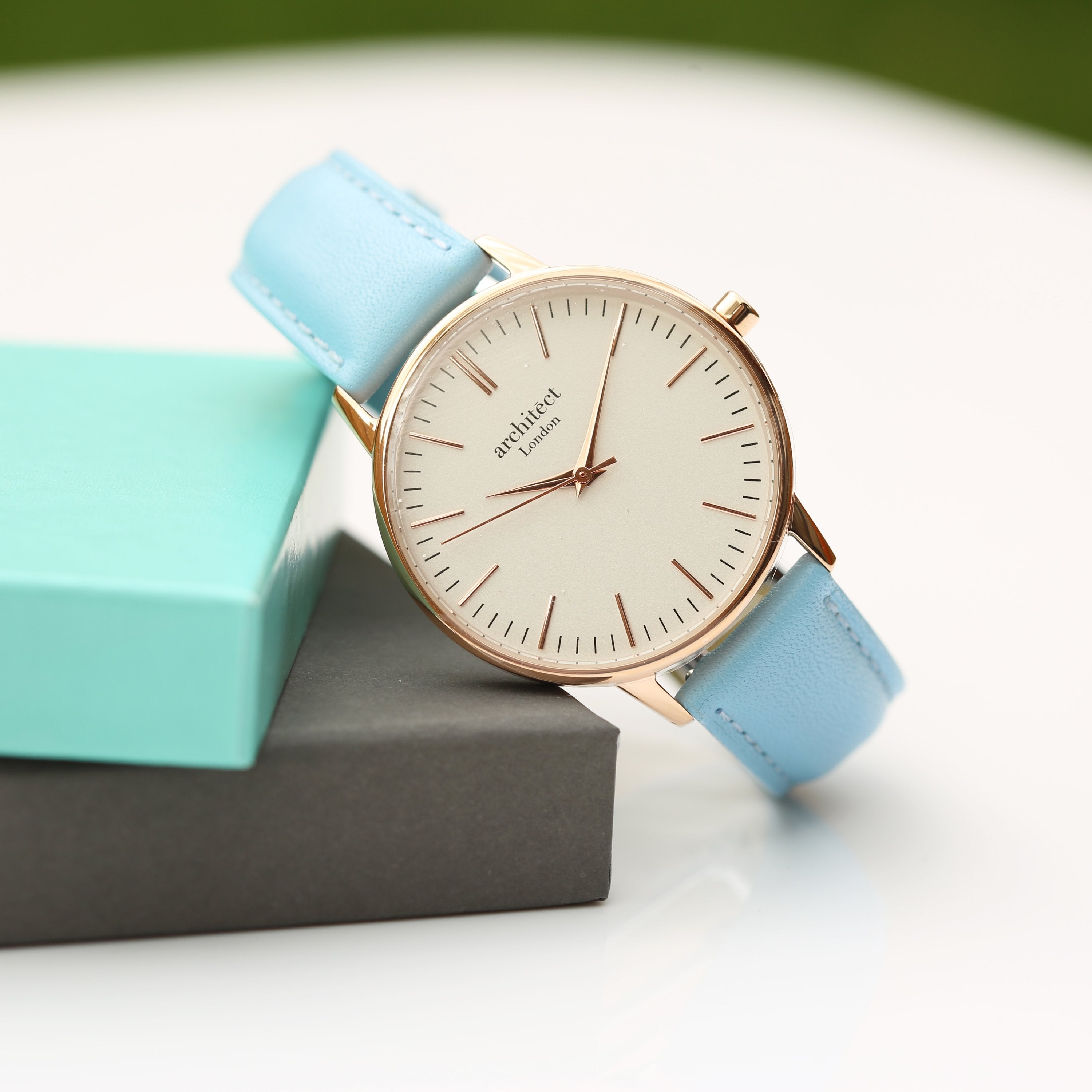 Ladies Architēct Blanc - Modern Font Engraving + Light Blue Strap