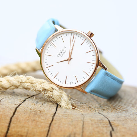 Ladies Architēct Blanc - Modern Font Engraving + Light Blue Strap