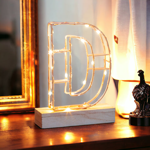 Light Up Letter D Wire Frame Copper Rose Gold Alphabet Light