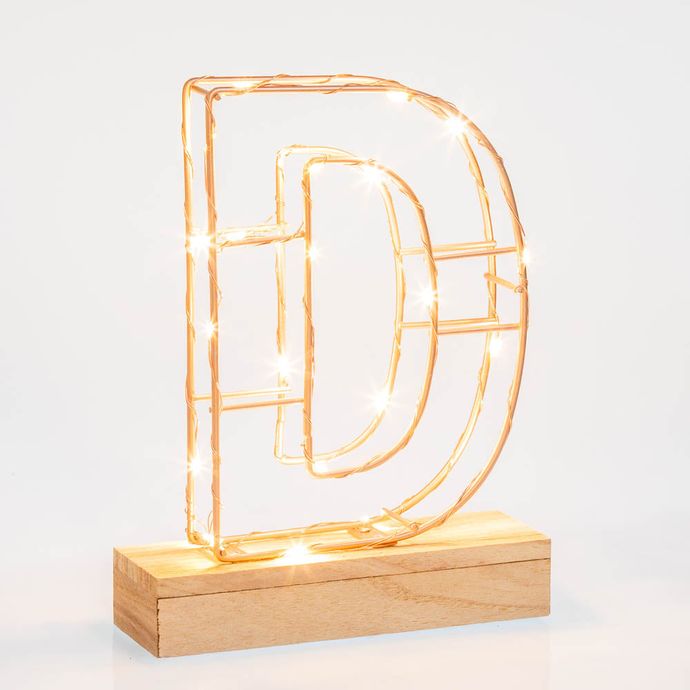 Light Up Letter D Wire Frame Copper Rose Gold Alphabet Light