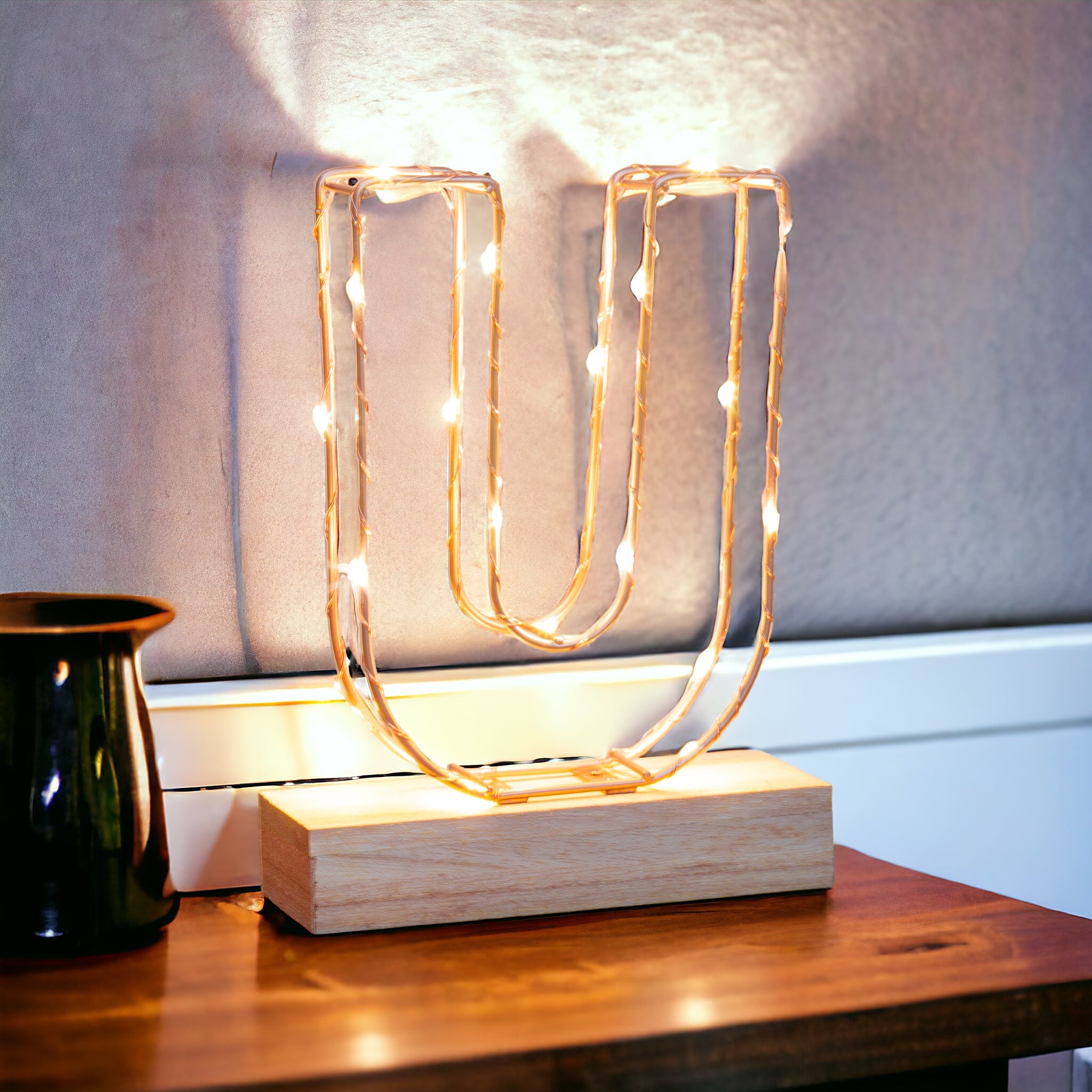 Light Up Letter U Wire Frame Copper Rose Gold Alphabet Light