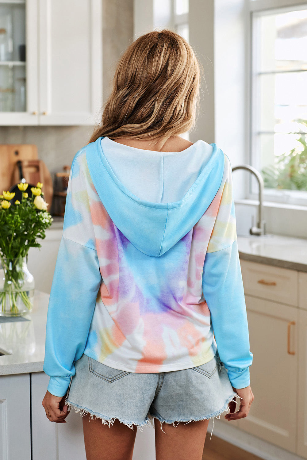 Fashion Sky Blue Colorblock The Sun Cotton Blend Tie Dye Hoodie