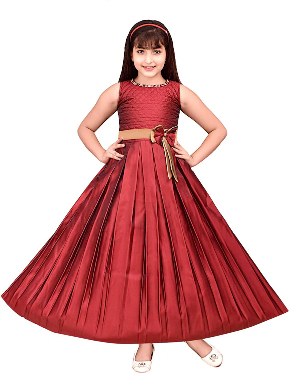 Girls Full Length Party Dress pleated Bow Design  (Size-8-9YEAR)