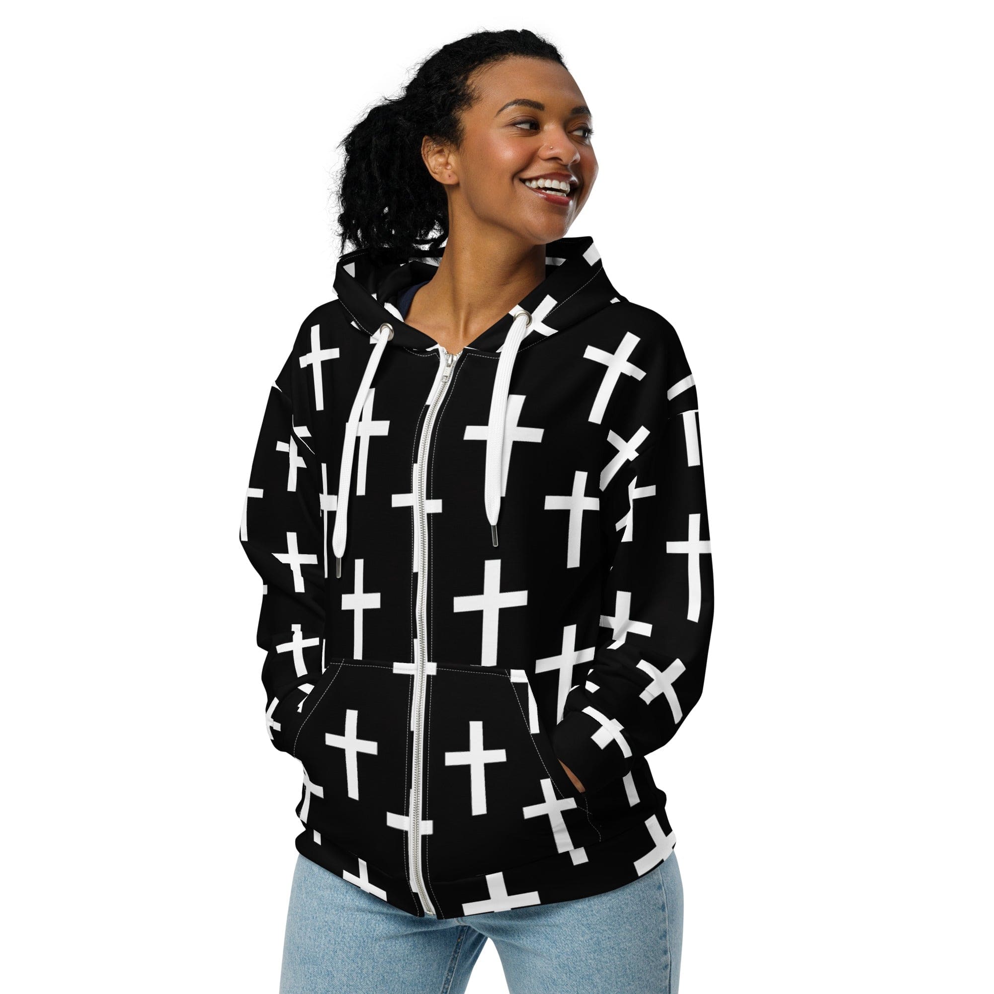 Graphic Zip Hoodie Black and White Seamless Cross Pattern