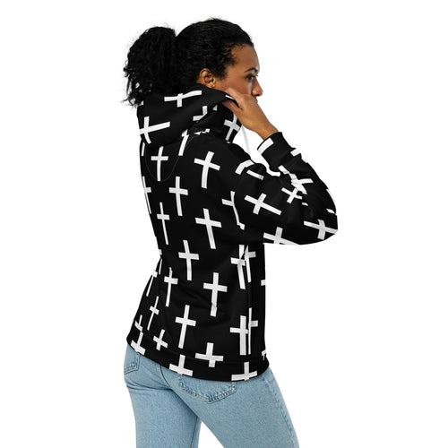 Graphic Zip Hoodie Black and White Seamless Cross Pattern