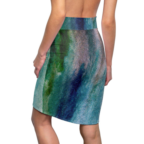 High Waist Womens Pencil Skirt - Contour Stretch, Blue Hue Watercolor