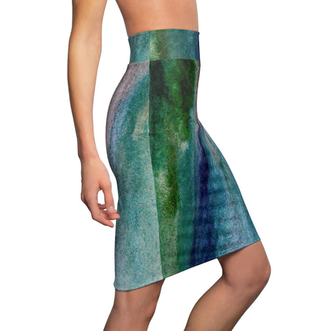 High Waist Womens Pencil Skirt - Contour Stretch, Blue Hue Watercolor